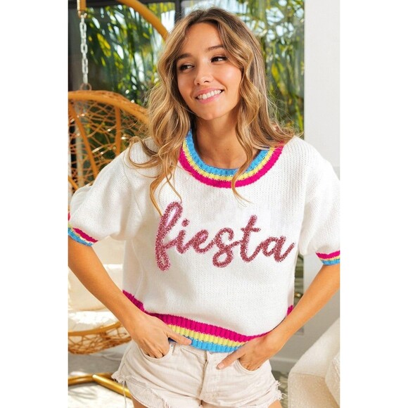 BIBI FIESTA METALLIC LETTER SHORT PUFF SLEEVE SWEATER - Picture 1 of 8